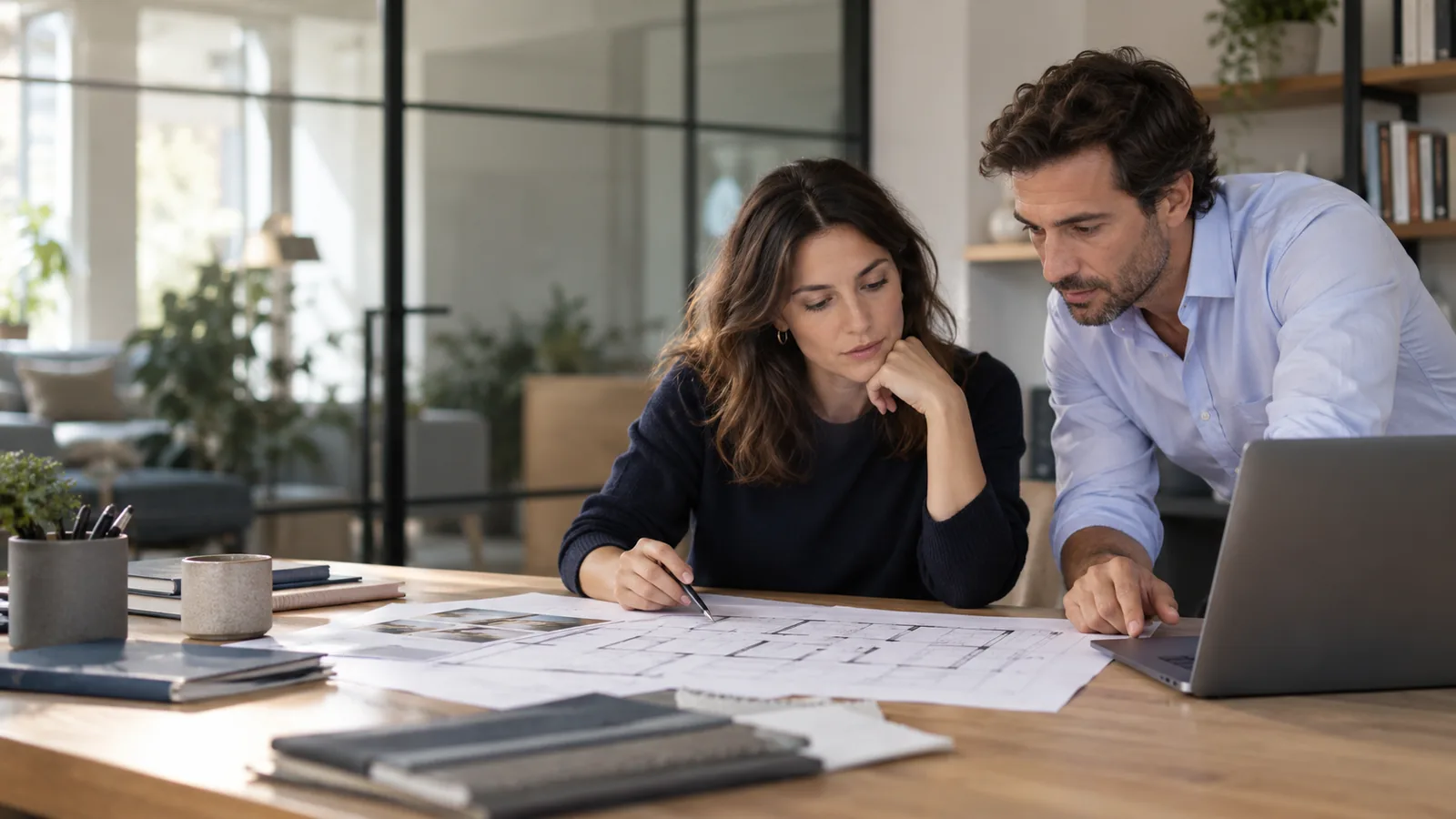Equipo de asesores hipotecarios trabajando sobre los planos de una vivienda